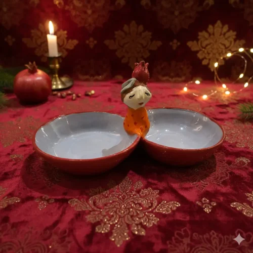 پیاله سفالی دوقلو یلدایی دخترک اناردار